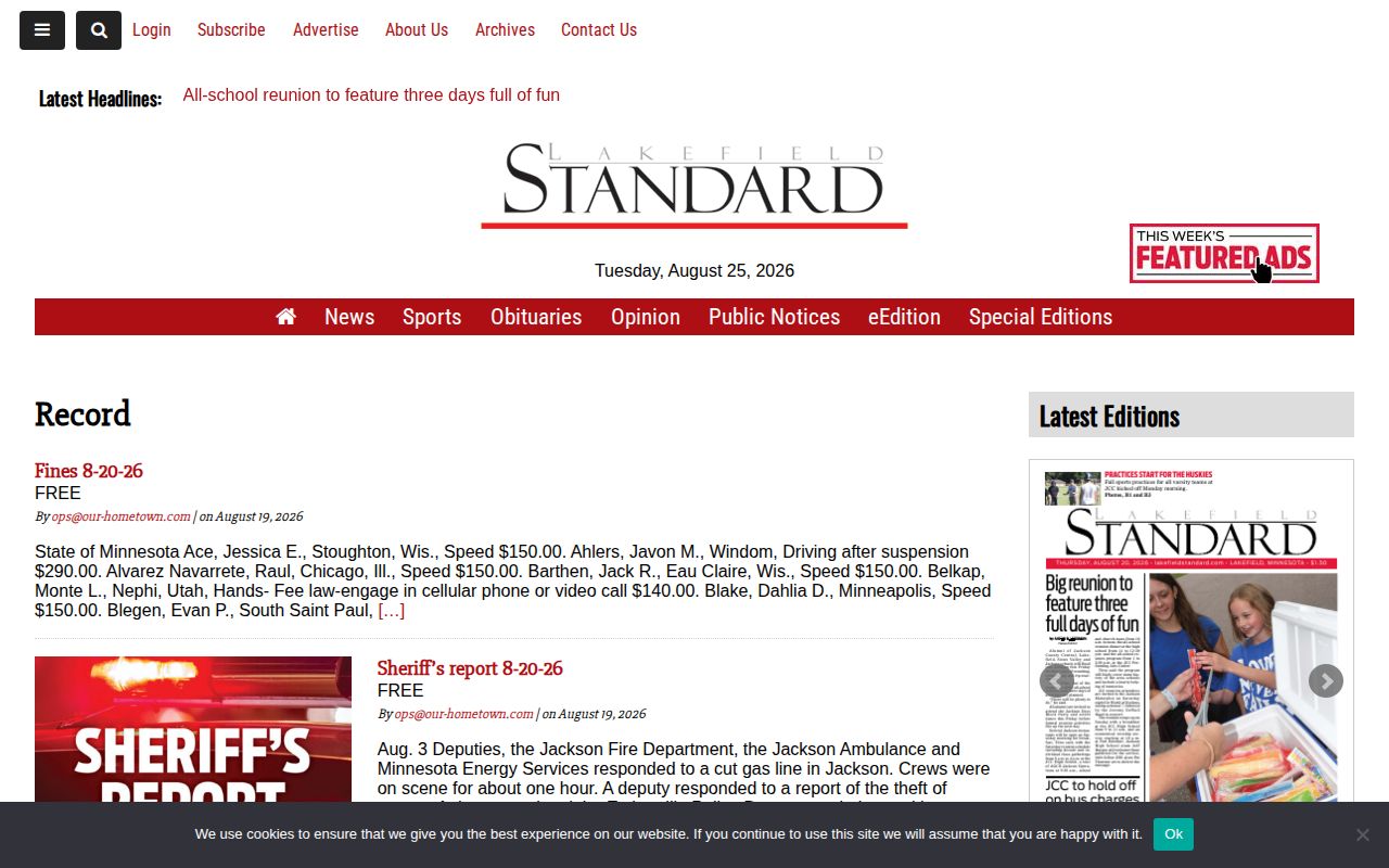 Lakefield Standard local news source for Lakefield arrest-record context